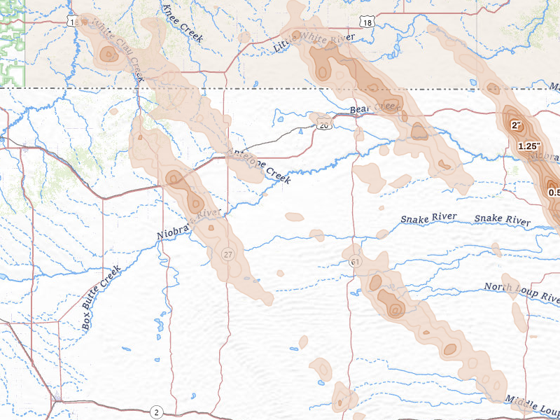 Radar-estimated hail-size map of the storm over Gordon, NE on Aug 16, 2026