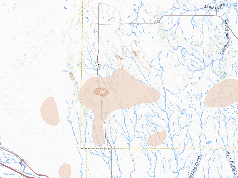 Radar-estimated hail-size map of the storm over Gothenburg, NE on Jul 28, 2026