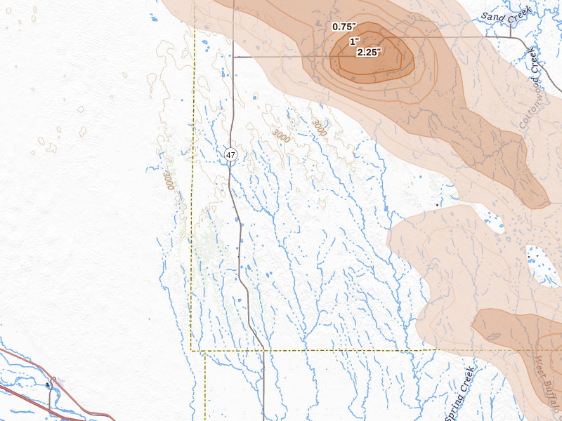 Radar-estimated hail-size map of the storm over Gothenburg, NE on Jul 30, 2026
