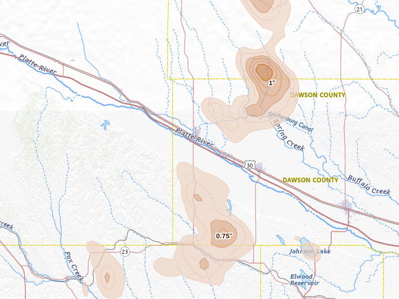 Radar-estimated hail-size map of the storm over Gothenburg, NE on Aug 20, 2026