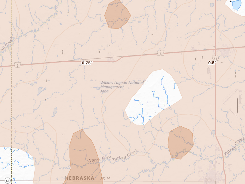 Radar-estimated hail-size map of the storm over Grafton, NE on Jun 5, 2026