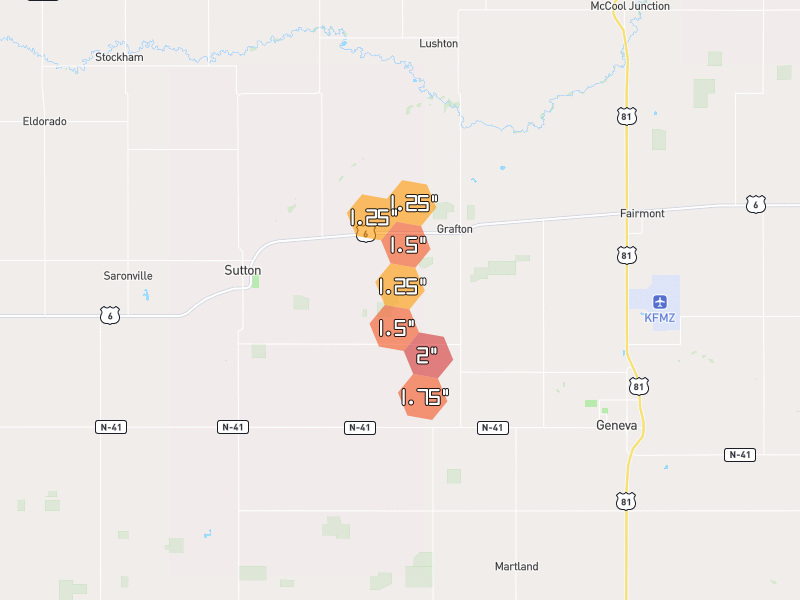 Hail map of Grafton, NE on Jun 6, 2026, hail up to 2"