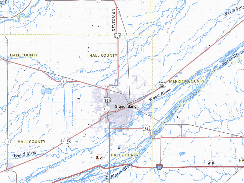 Radar-estimated hail-size map of the storm over Grand Island, NE on Apr 10, 2026
