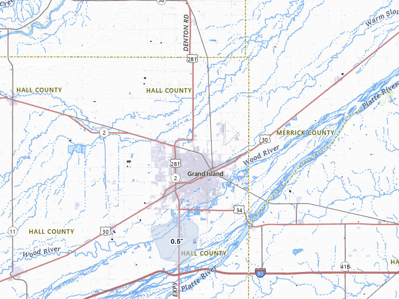 NEXRAD radar-signature map of the hail over Grand Island, NE