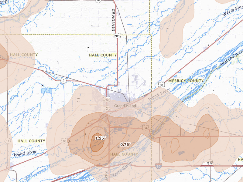 Radar-estimated hail-size map of the storm over Grand Island, NE on May 16, 2026