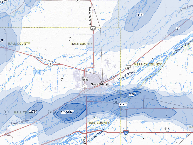 NEXRAD radar-signature map of the hail storm over Grand Island, NE on May 16, 2026