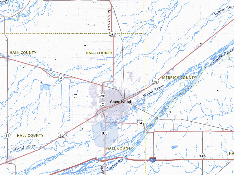 NEXRAD radar-signature map of the hail storm over Grand Island, NE on May 30, 2026