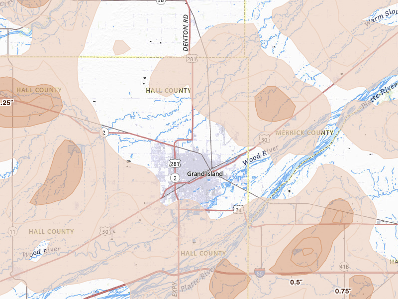 Radar-estimated hail-size map of the storm over Grand Island, NE on Jun 5, 2026