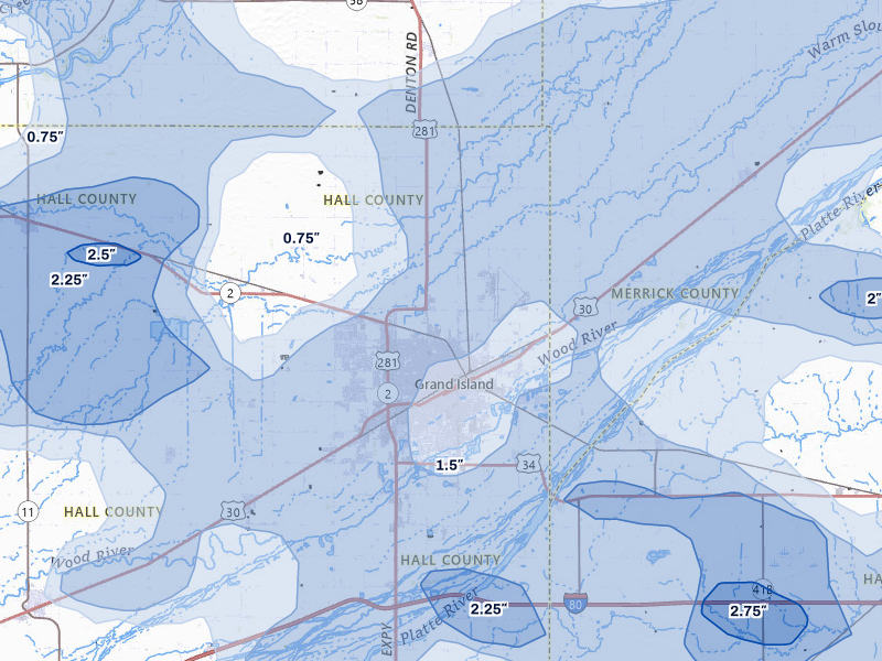 NEXRAD radar-signature map of the hail storm over Grand Island, NE on Jun 5, 2026