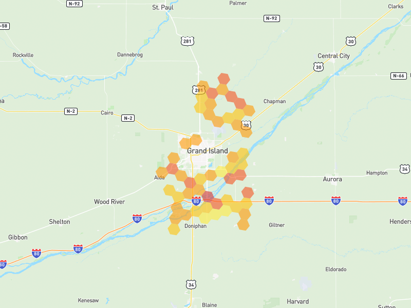 Hail map of Grand Island, NE on Jun 6, 2026, hail up to 2.25"