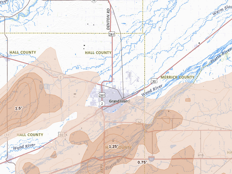 Radar-estimated hail-size map of the storm over Grand Island, NE on Jun 10, 2026