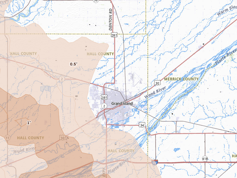 Radar-estimated hail-size map of the storm over Grand Island, NE on Jun 20, 2026
