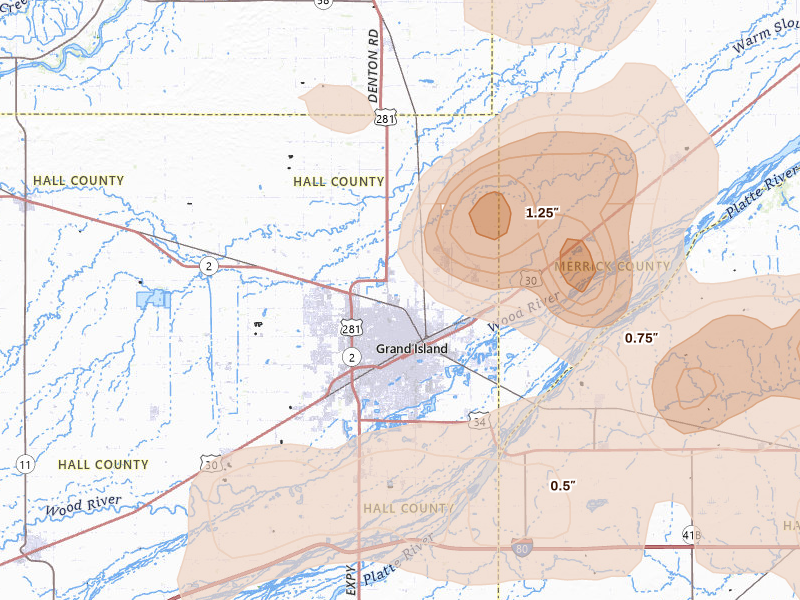 Radar-estimated hail-size map of the storm over Grand Island, NE on Jul 8, 2026