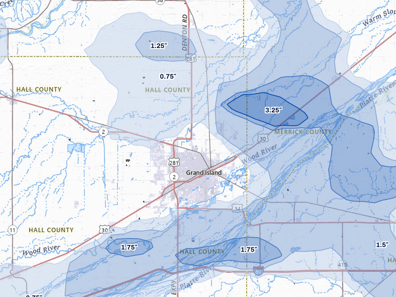 NEXRAD radar-signature map of the hail storm over Grand Island, NE on Jul 8, 2026