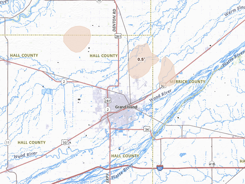 Radar-estimated hail-size map of the storm over Grand Island, NE on Jul 30, 2026