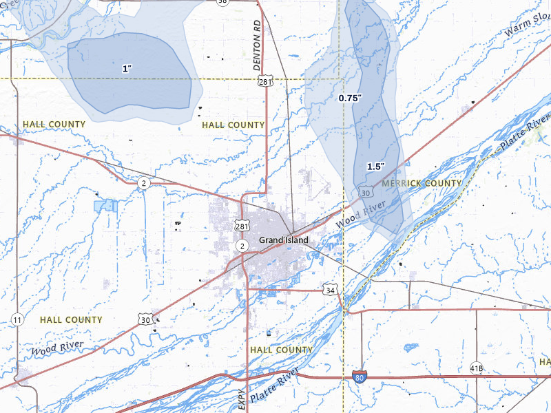 NEXRAD radar-signature map of the hail storm over Grand Island, NE on Jul 30, 2026