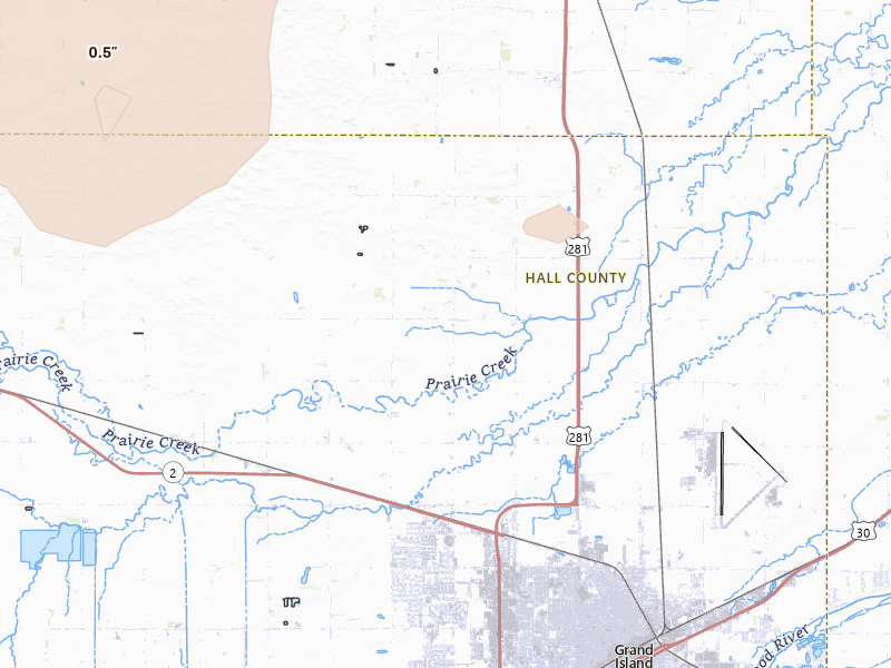 Radar-estimated hail-size map of the storm over Grand Island, NE on Aug 8, 2026