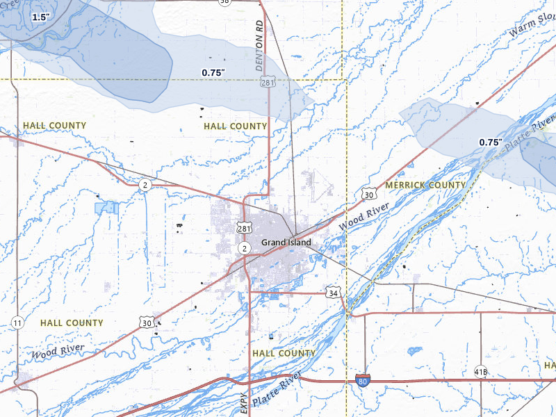 NEXRAD radar-signature map of the hail storm over Grand Island, NE on Aug 8, 2026