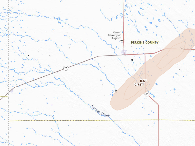 Radar-estimated hail-size map of the storm over Grant, NE on May 25, 2026