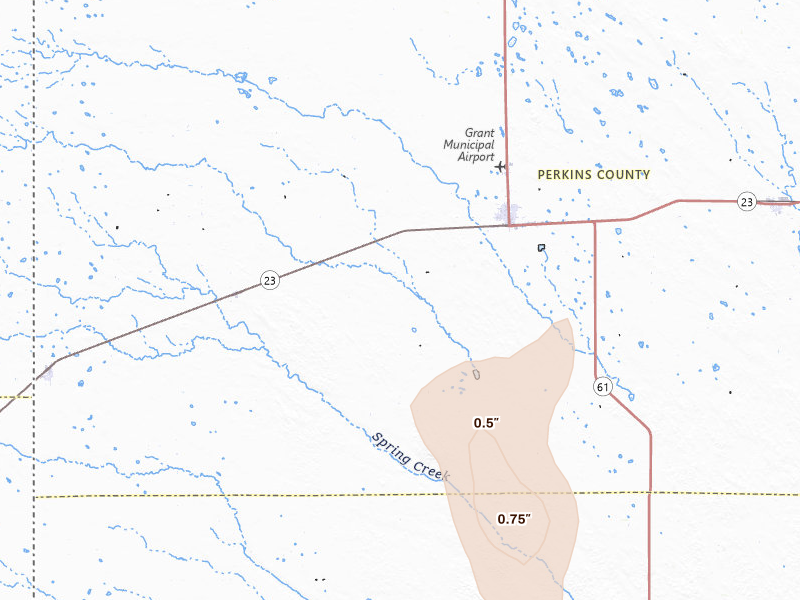 Radar-estimated hail-size map of the storm over Grant, NE on May 30, 2026