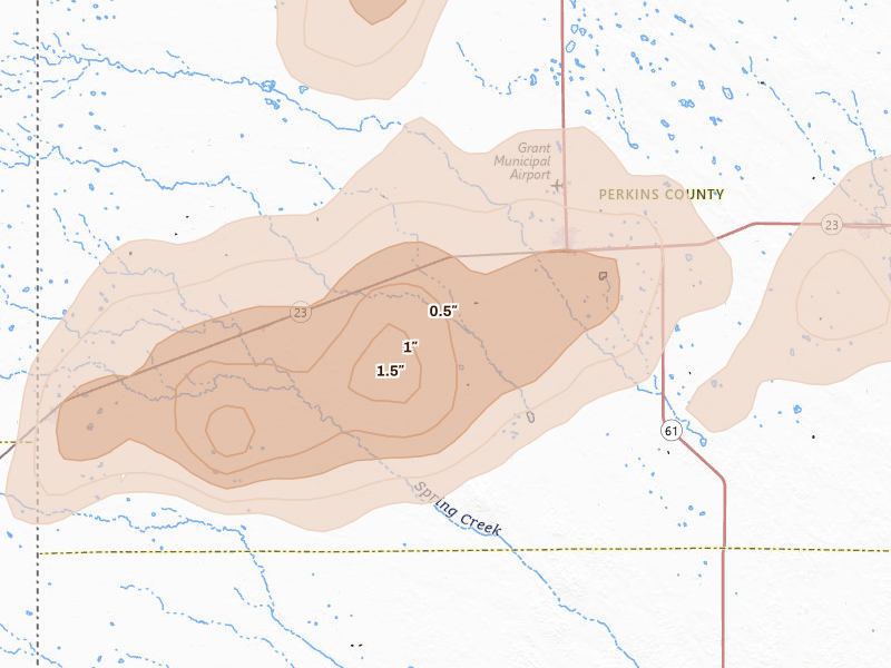 Radar-estimated hail-size map of the storm over Grant, NE on Jun 7, 2026