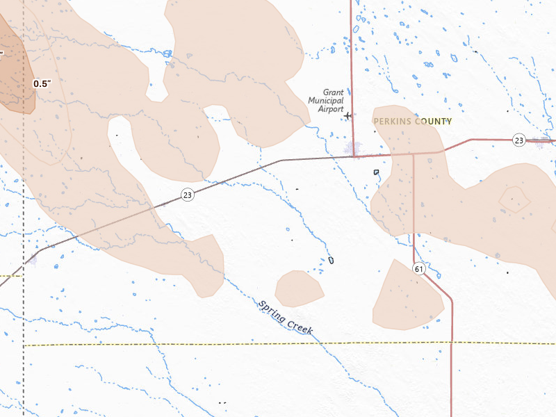 Radar-estimated hail-size map of the storm over Grant, NE on Jun 23, 2026