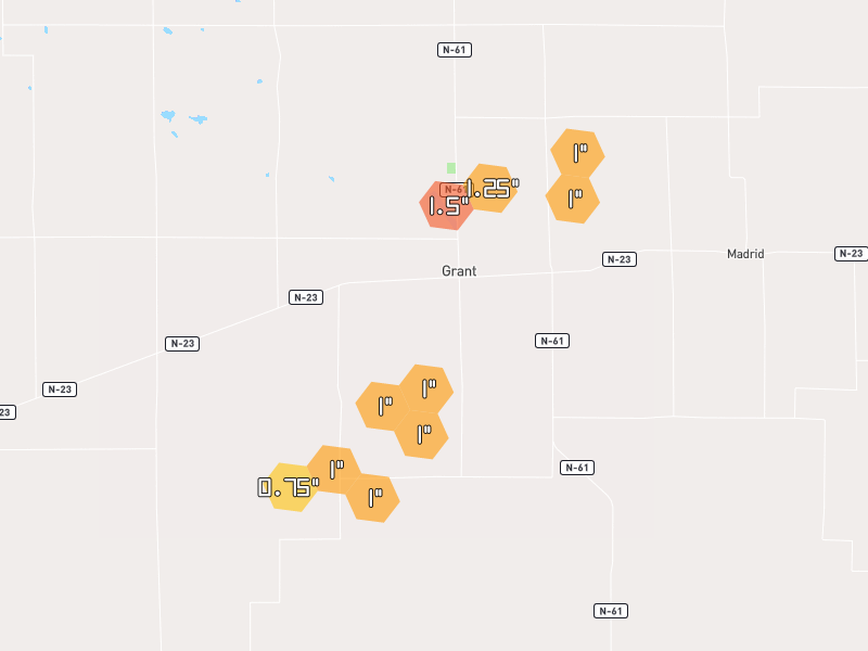 Hail map of Grant, NE on Jul 3, 2026, hail up to 1.5"