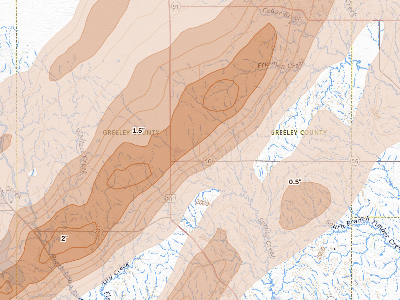 Radar-estimated hail-size map of the storm over Greeley, NE on Jun 29, 2026