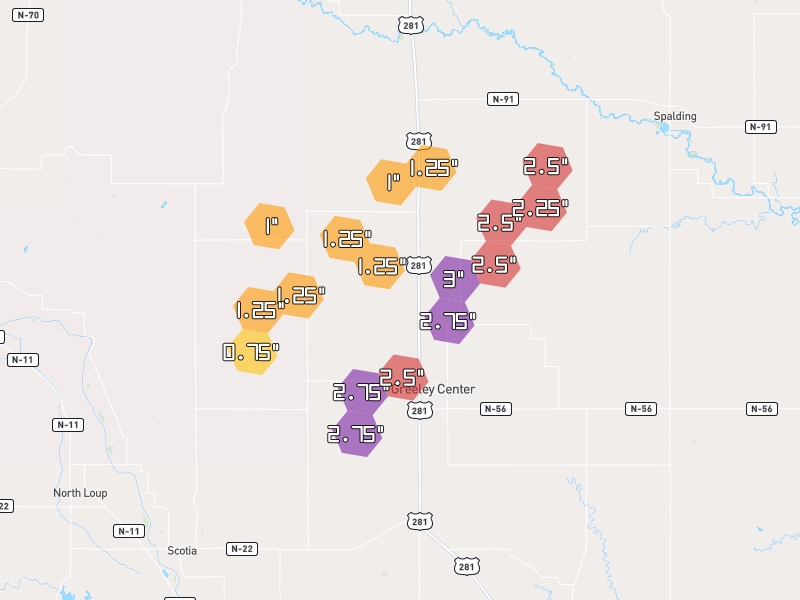 Hail map of Greeley, NE on Jun 30, 2026, hail up to 3"