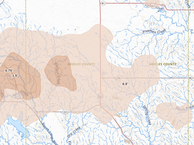 Radar-estimated hail-size map of the storm over Greeley, NE on Aug 12, 2026