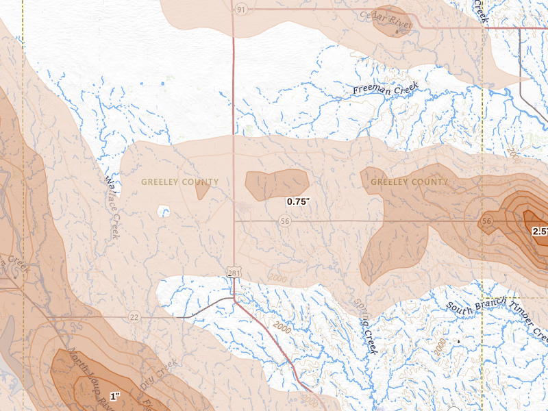 Radar-estimated hail-size map of the storm over Greeley, NE on Aug 17, 2026
