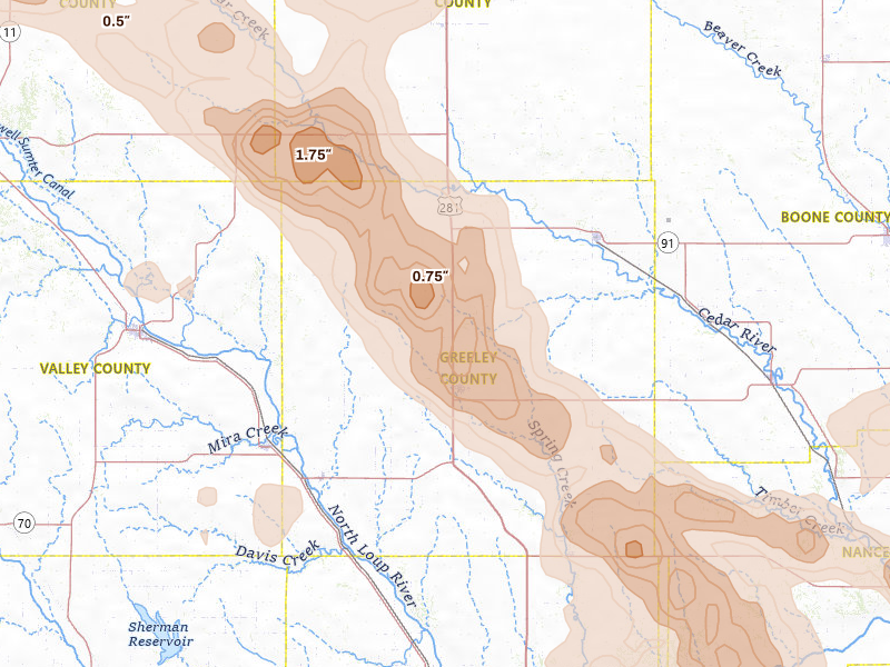 Radar-estimated hail-size map of the storm over Greeley, NE on Aug 19, 2026
