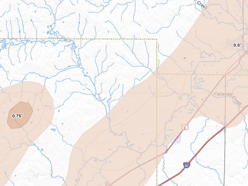 Radar-estimated hail-size map of the storm over Greenwood, NE on Apr 23, 2026