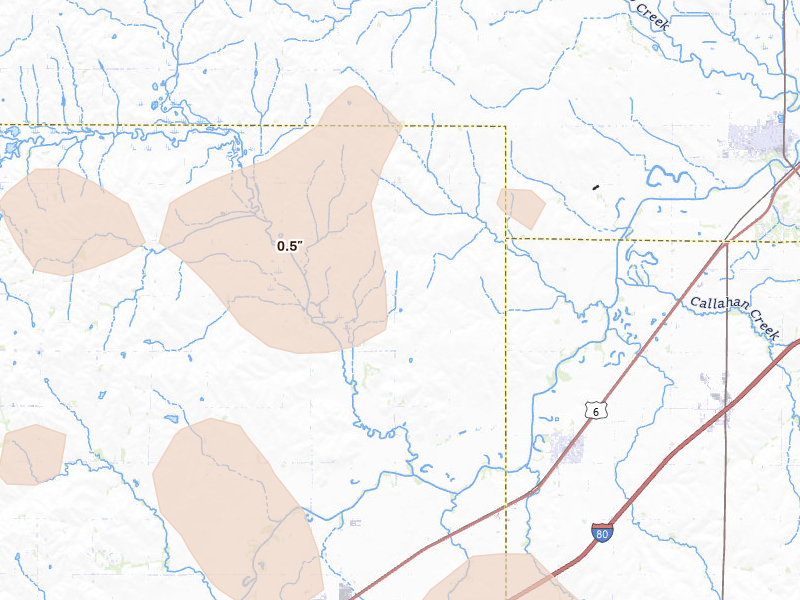 Radar-estimated hail-size map of the storm over Greenwood, NE on Jun 1, 2026