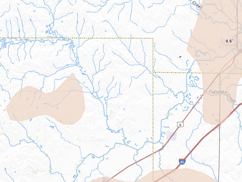 Radar-estimated hail-size map of the storm over Greenwood, NE on Jun 5, 2026