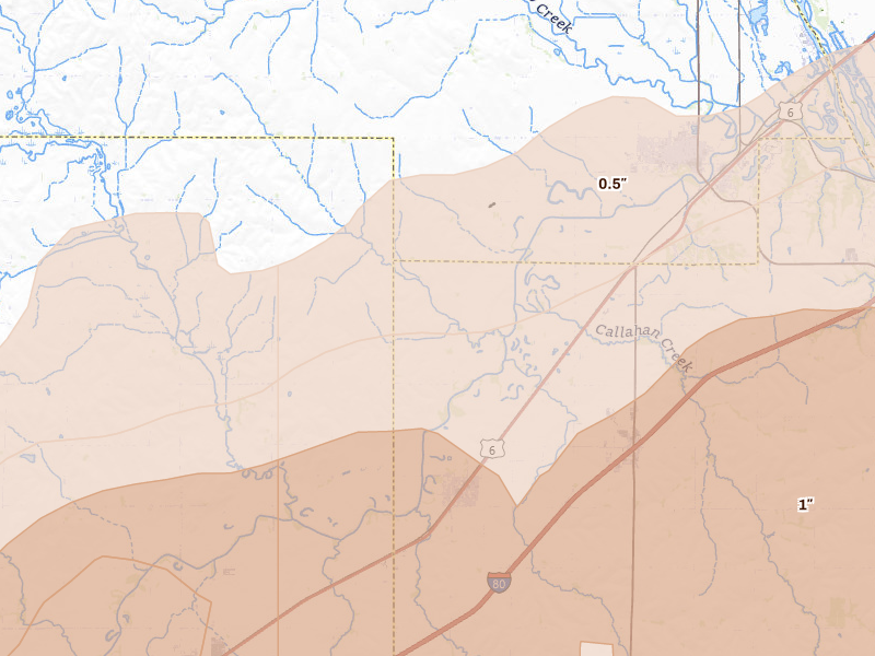 Radar-estimated hail-size map of the storm over Greenwood, NE on Jun 10, 2026