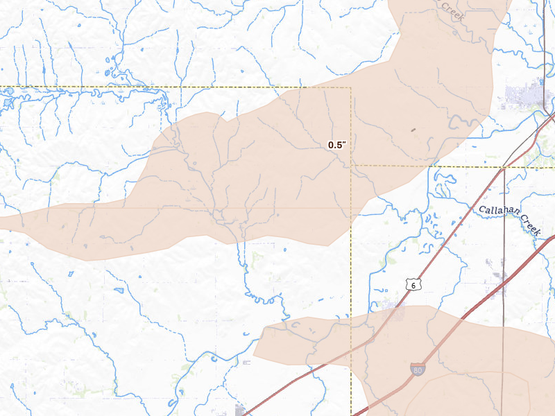 Radar-estimated hail-size map of the storm over Greenwood, NE on Jul 3, 2026