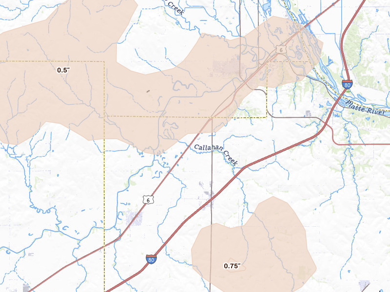 Radar-estimated hail-size map of the storm over Greenwood, NE on Aug 4, 2026