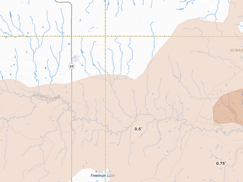 Radar-estimated hail-size map of the storm over Gresham, NE on Apr 25, 2026
