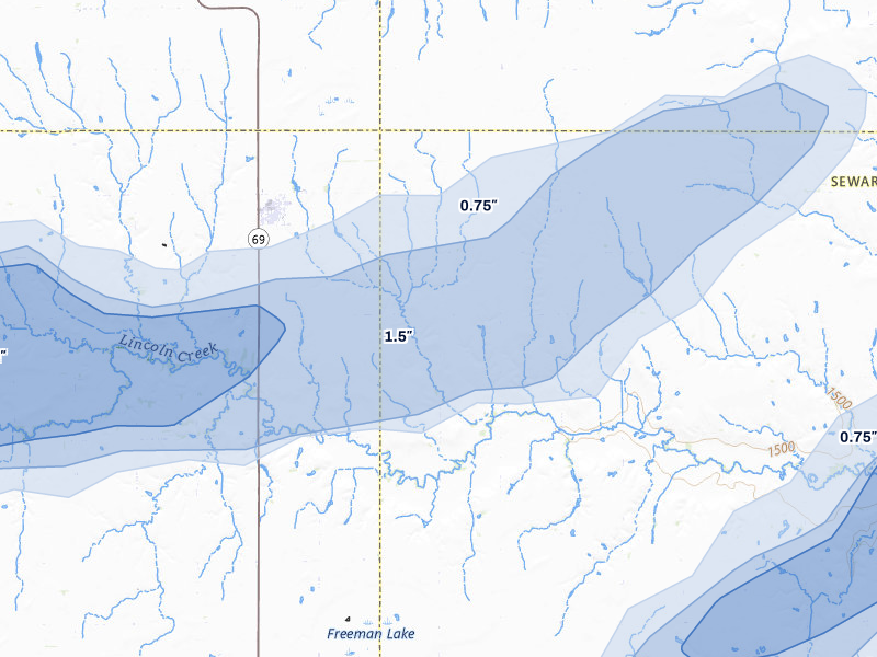 NEXRAD radar-signature map of the hail storm over Gresham, NE on Apr 25, 2026