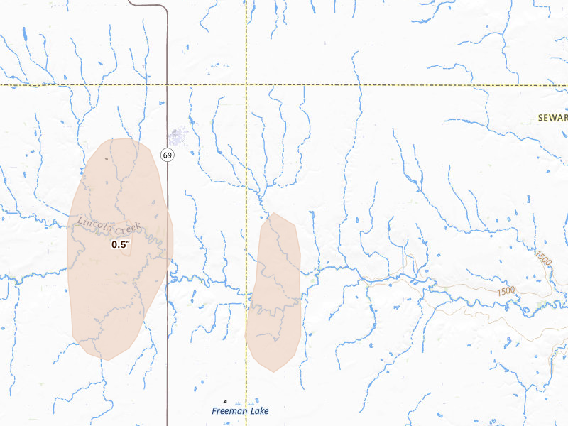Radar-estimated hail-size map of the storm over Gresham, NE on May 30, 2026