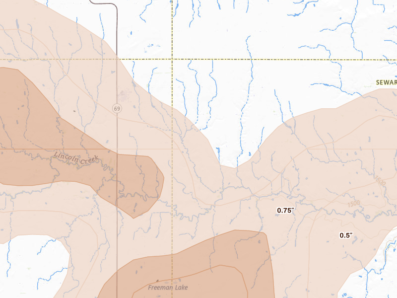 Radar-estimated hail-size map of the storm over Gresham, NE on Jun 5, 2026