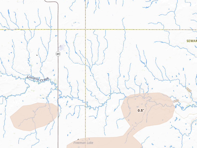 Radar-estimated hail-size map of the storm over Gresham, NE on Jul 3, 2026
