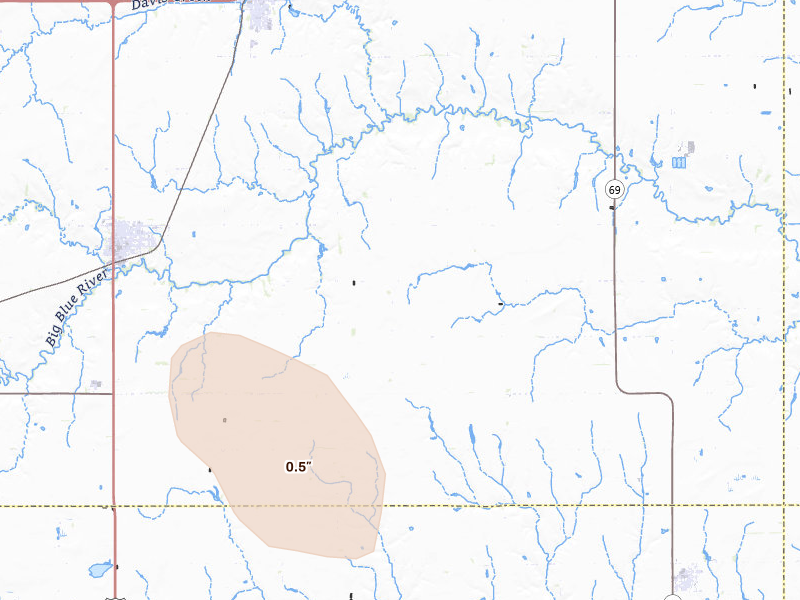 Radar-estimated hail-size map of the storm over Gresham, NE on Aug 11, 2026