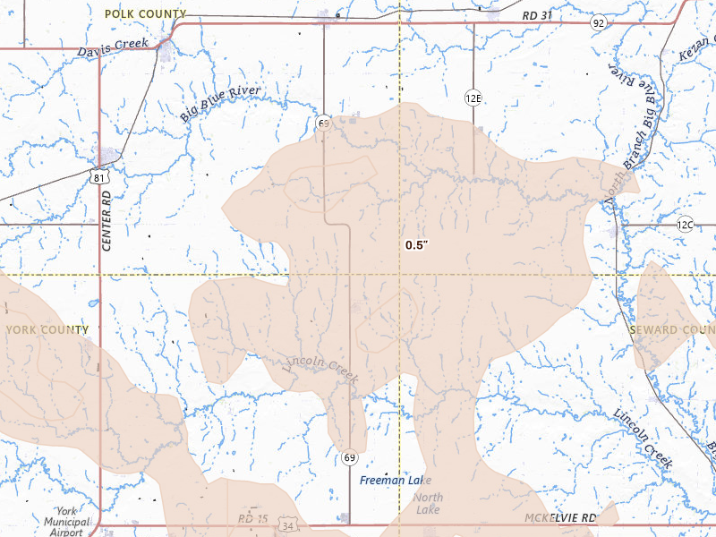 Radar-estimated hail-size map of the storm over Gresham, NE on Aug 17, 2026