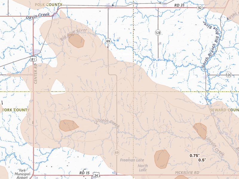 Radar-estimated hail-size map of the storm over Gresham, NE on Aug 19, 2026