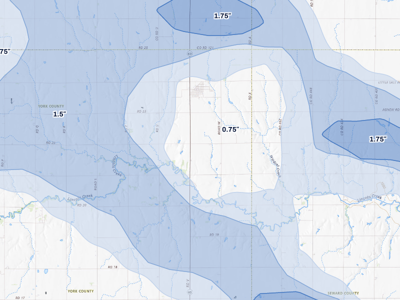 NEXRAD radar-signature map of the hail storm over Gresham, NE on Aug 19, 2026