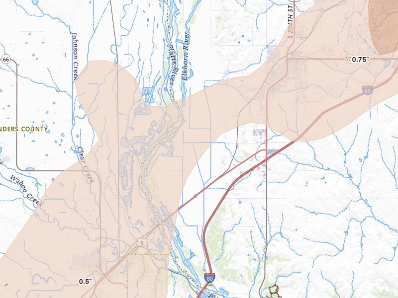 Radar-estimated hail-size map of the storm over Gretna, NE on Apr 23, 2026