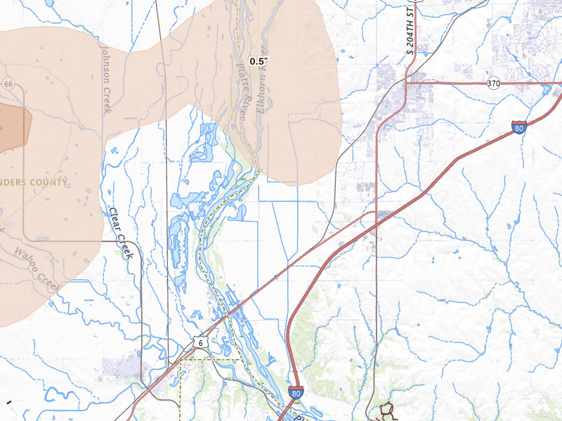 Radar-estimated hail-size map of the storm over Gretna, NE on May 16, 2026