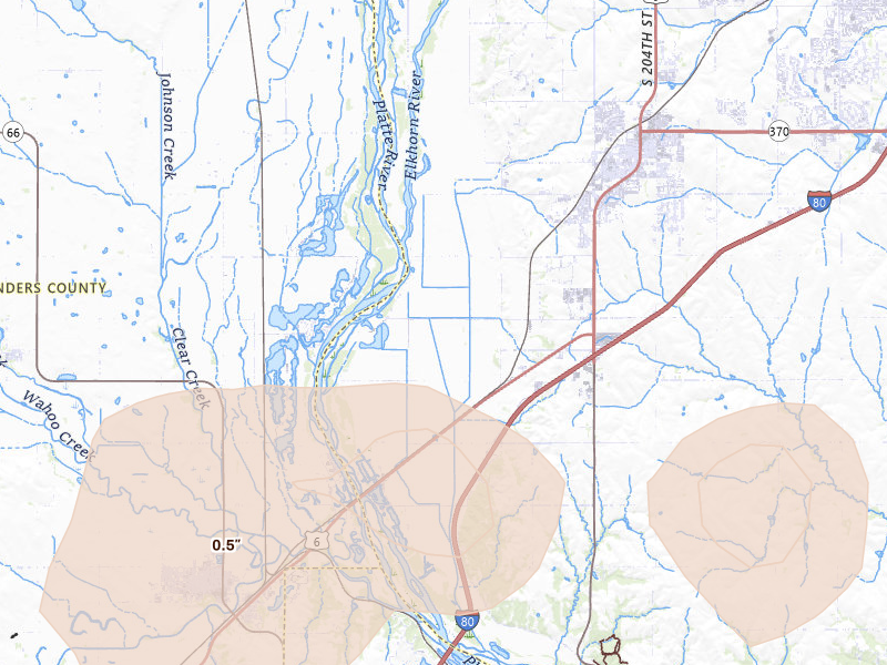 Radar-estimated hail-size map of the storm over Gretna, NE on Jun 5, 2026